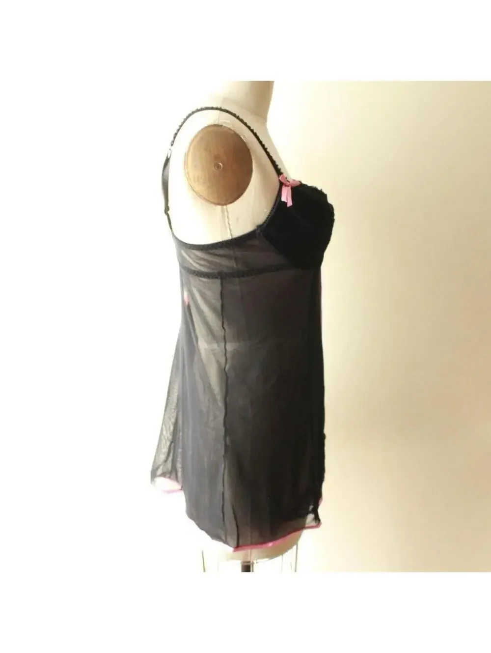 Native Intimates Black Sheer Babydoll Lingerie with Pink Ribbon and Lace Trim L